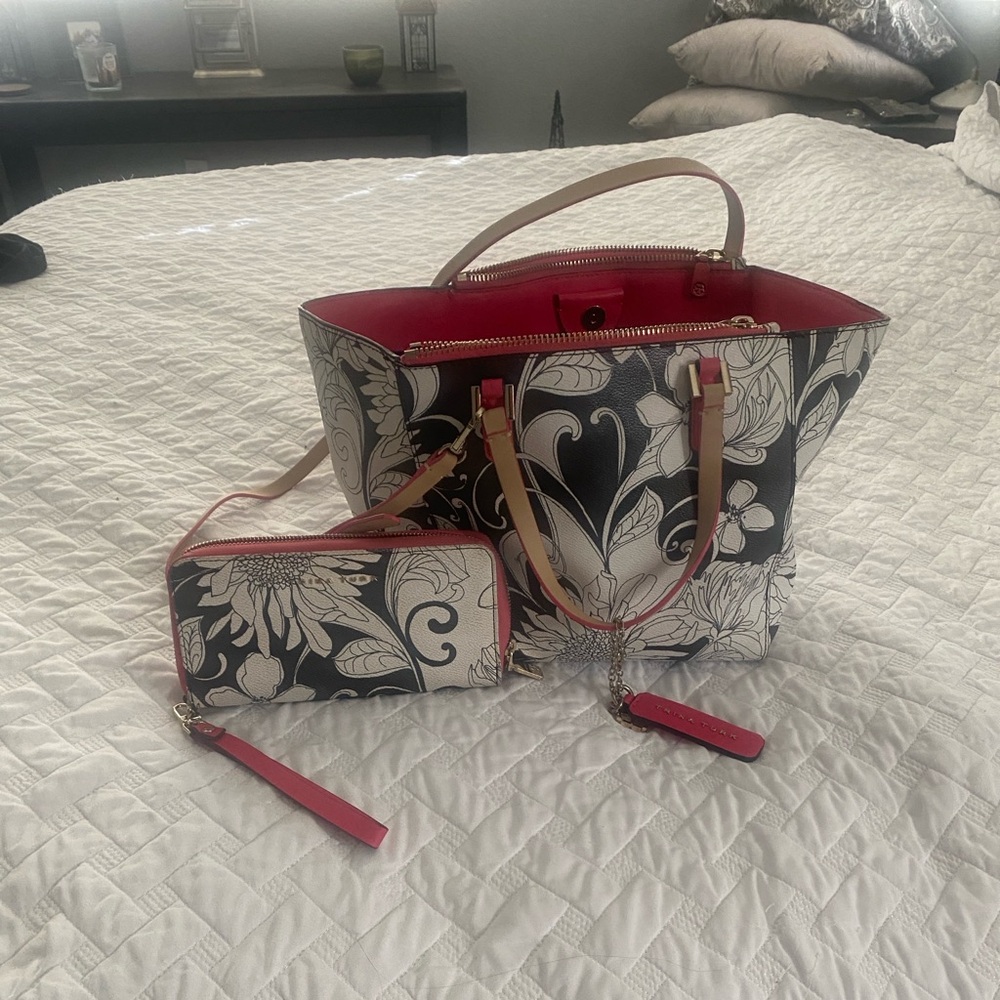 Floral Tote and Wallet Set - Black and White with Bubblegum pink accents.
